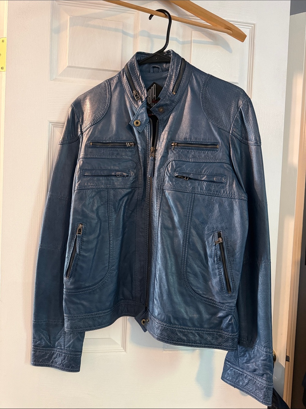 Women’s Blue Leather Zip Jacket